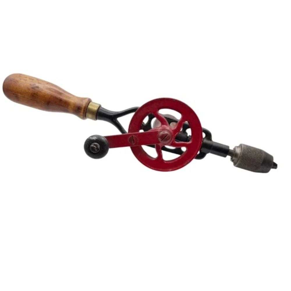 Vintage Hand Crank Eggbeater Drill Red Metal Wood Handle Manual Hand Drill Tool